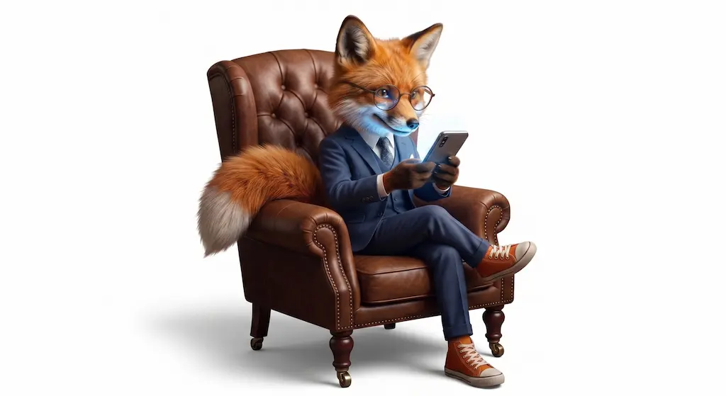 The Broker Finder fox in a suit, relaxing in a leather armchair and reviewing broker matches on his phone