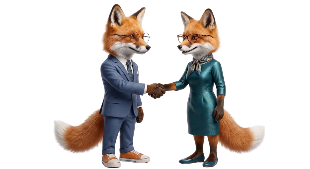 Two Broker Finder foxes in business dress shaking hands, marking the moment a client and broker connect