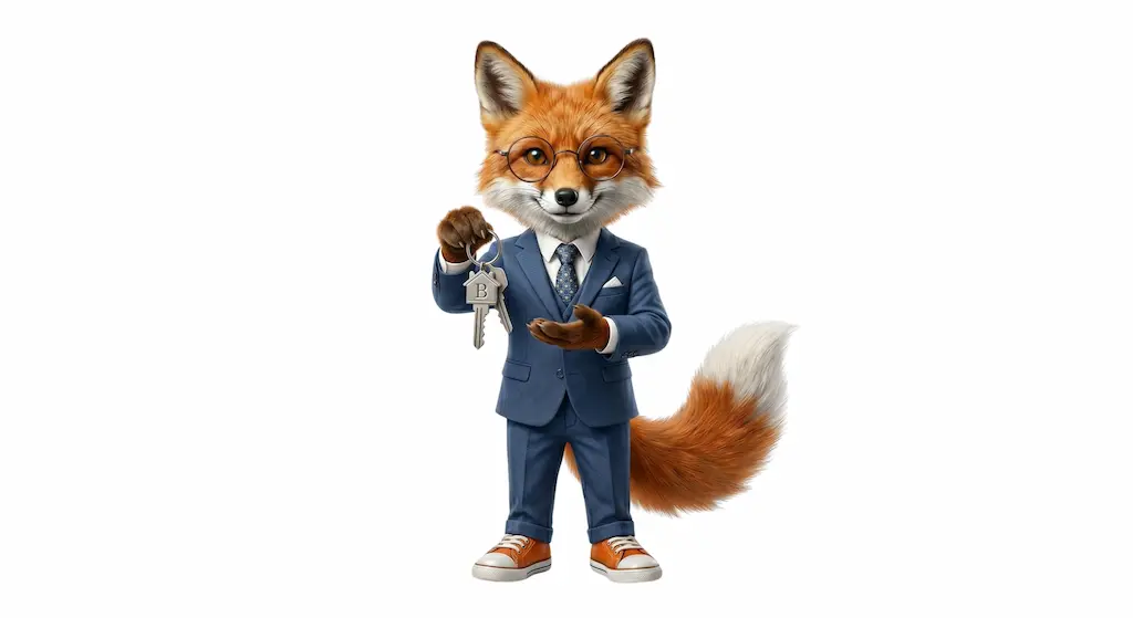 The Broker Finder fox in a navy suit and round glasses, holding out a set of house keys